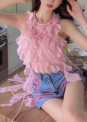 New Pink Ruffled Tasseled Chiffon Shirts Sleeveless