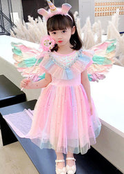 New Pink Sequins Wrinkled Patchwork Tulle Kids Girls Rainbow Dress Summer