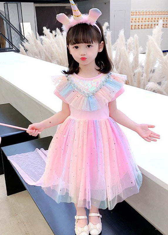 New Pink Sequins Wrinkled Patchwork Tulle Kids Girls Rainbow Dress Summer