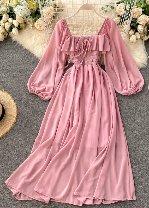 New Pink Square Collar Ruffled Chiffon Dress Fall