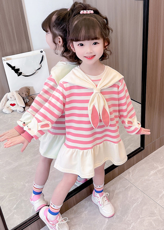 New Pink Striped Bow Cotton Girls Dresses Long Sleeve