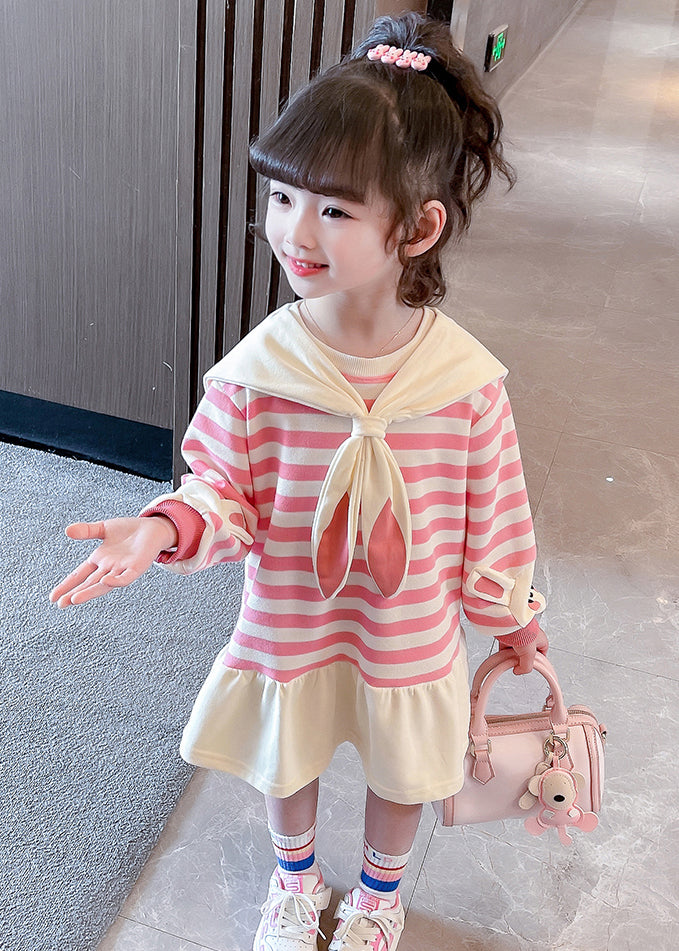 New Pink Striped Bow Cotton Girls Dresses Long Sleeve