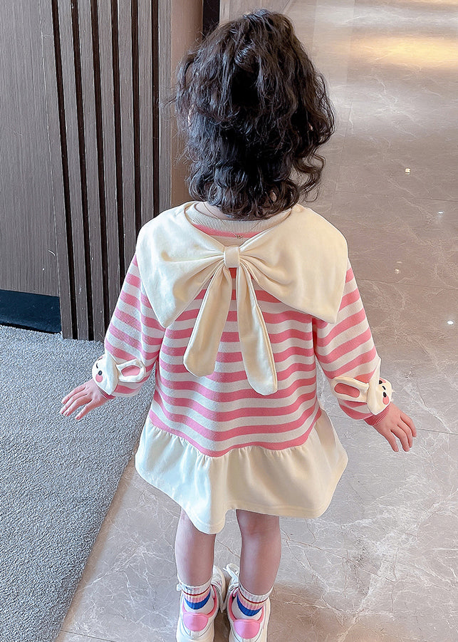 New Pink Striped Bow Cotton Girls Dresses Long Sleeve