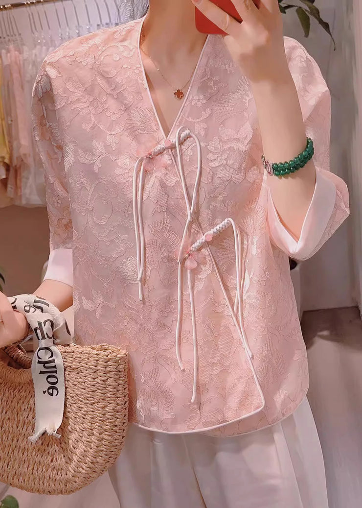 New Pink V Neck Embroidered Chinese Button Silk Blouses Half Sleeve