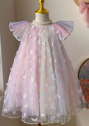 New Pink Wrinkled Nail Bead Patchwork Tulle Kids Girls Dresses Summer