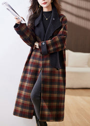 New Plaid Button Pockets Patchwork Cashmere Long Coats Winter