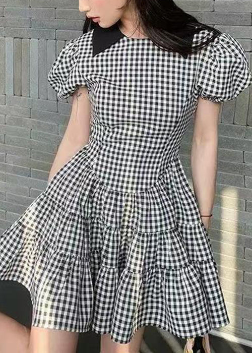 New Plaid High Waist Patchwork Cotton Mid Dress Puff Sleeve