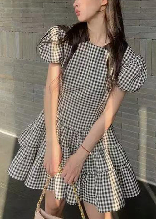 New Plaid High Waist Patchwork Cotton Mid Dress Puff Sleeve