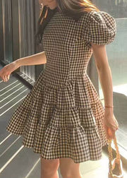 New Plaid High Waist Patchwork Cotton Mid Dress Puff Sleeve