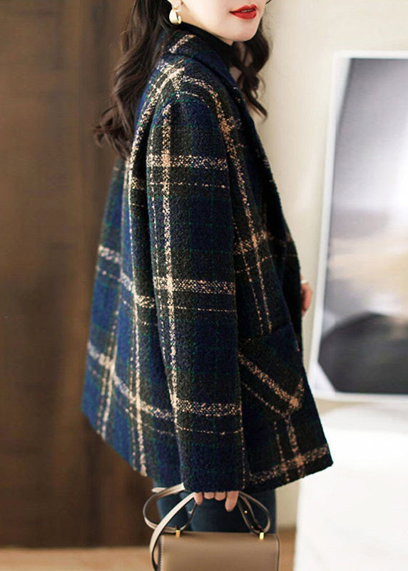 New Plaid Peter Pan Collar Button Patchwork Woolen Coats Long Sleeve