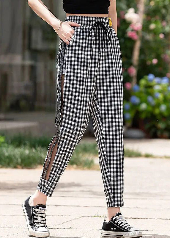 New Plaid Pockets Elastic Waist Ice Silk Crop Pants Summer