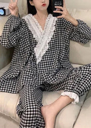 New Plaid V Neck Lace Up Cotton Pajamas Two Pieces Set Spring