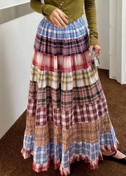 New Plaid Wrinkled High Waist Patchwork Cotton Maxi Skirts Fall