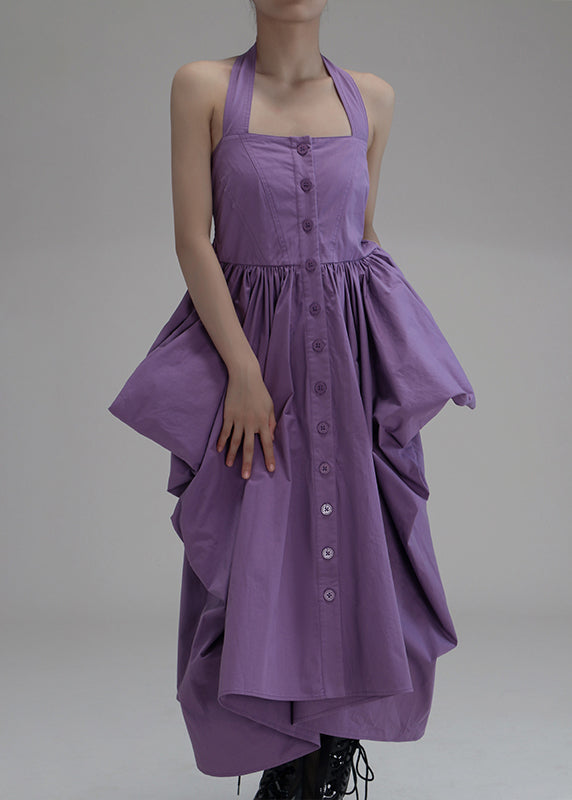 New Purple Asymmetrical Wrinkled Button Cotton Long Dress Sleeveless