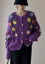 New Purple Button Floral Patchwork Knit Coat Winter