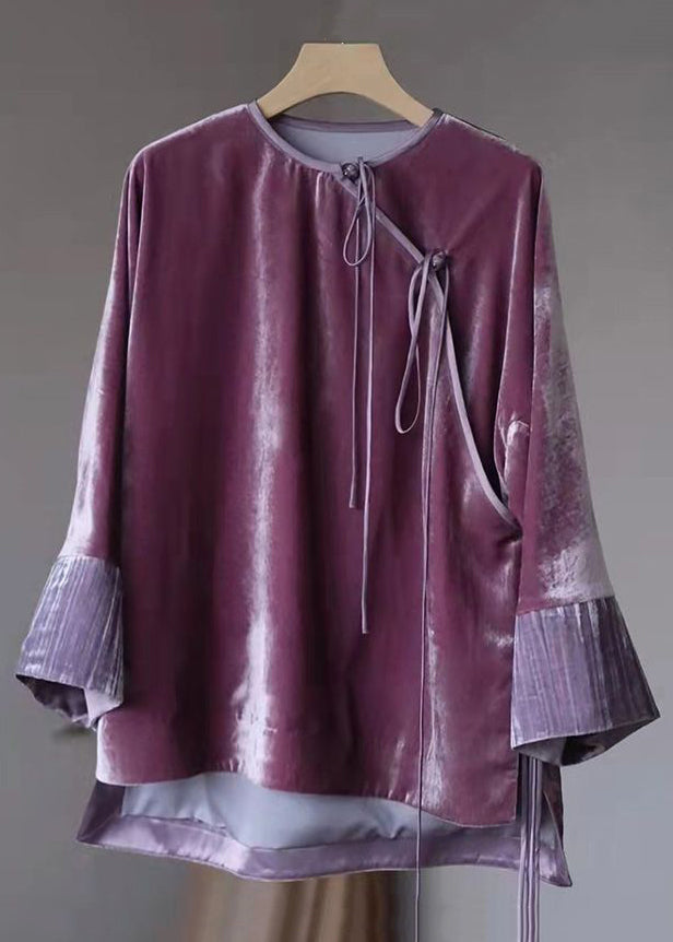 New Purple Button Low High Design Patchwork Silk Velour Top Long Sleeve