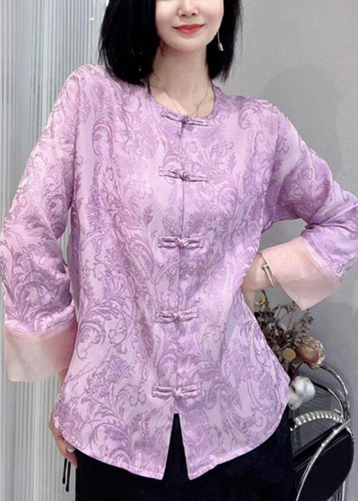 New Purple Button Print Silk Cotton Shirts Long Sleeve