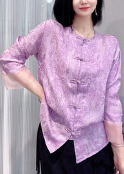 New Purple Button Print Silk Cotton Shirts Long Sleeve