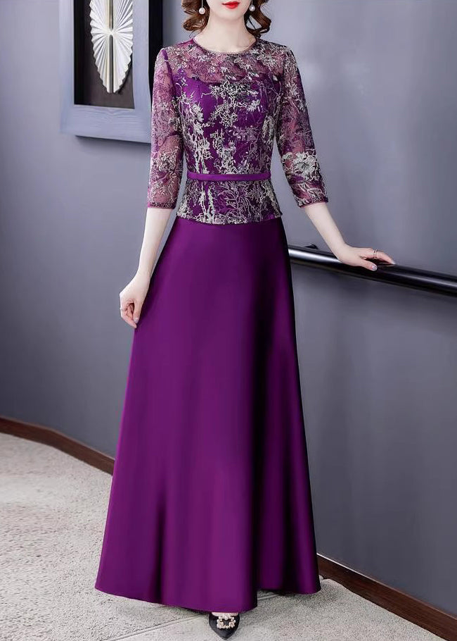 New Purple Embroidered Tulle Patchwork Maxi Dresses Half Sleeve