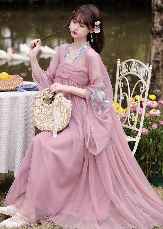 New Purple Embroideried Wrinkled Patchwork Tulle Long Dress Fall