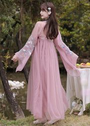 New Purple Embroideried Wrinkled Patchwork Tulle Long Dress Fall