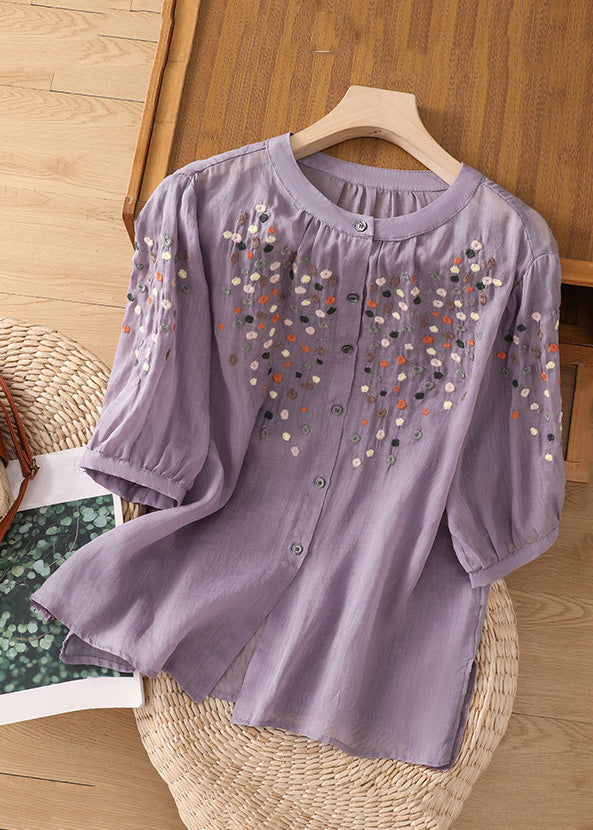 New Purple O Neck Embroideried Side Open Linen Blouse Spring