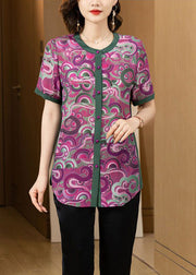 New Purple O Neck Print Button Patchwork Silk Shirt Summer