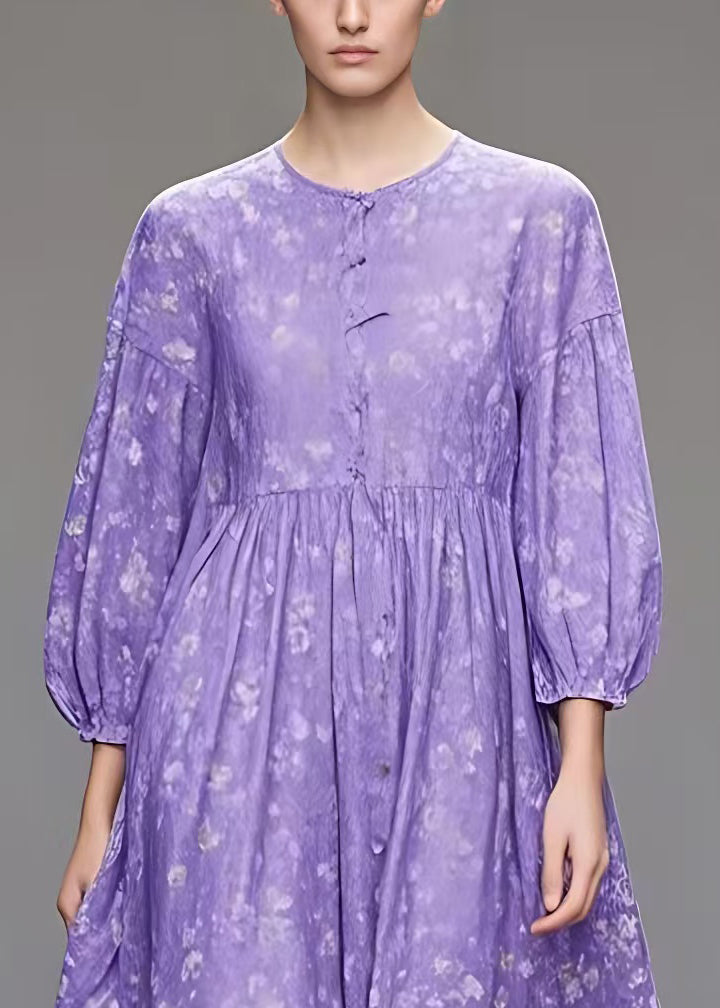 New Purple O Neck Print Low High Design Cotton Dresses Fall