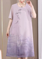 New Purple O Neck Print Patchwork Chiffon Dresses Summer