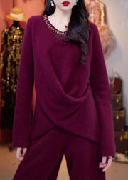 New Purple O Neck Sweaters And Pants Knit Two Pieces Set Winter