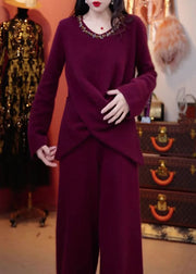 New Purple O Neck Sweaters And Pants Knit Two Pieces Set Winter