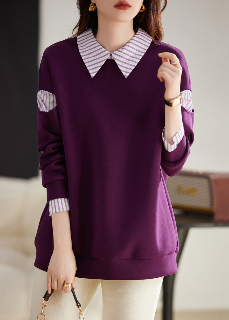 New Purple Peter Pan Collar Patchwork False Two Pieces Cotton Sweatshirt Fall