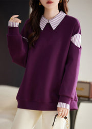 New Purple Peter Pan Collar Patchwork False Two Pieces Cotton Sweatshirt Fall