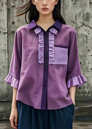 New Purple Peter Pan Collar Ruffled Linen Shirt Bracelet Sleeve