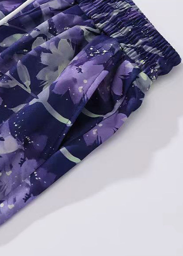 New Purple Print Lace Up Elastic Waist Cotton Men Beach Shorts Summer