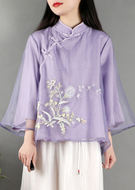 New Purple Stand Collar Embroidered Button Tulle Shirt Spring