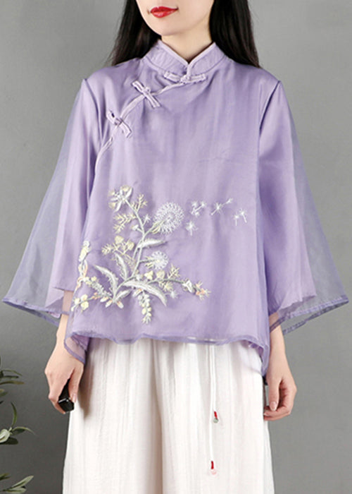 New Purple Stand Collar Embroidered Button Tulle Shirt Spring