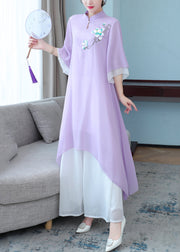 New Purple Stand Collar Embroidered Chiffon Two Pieces Set Half Sleeve