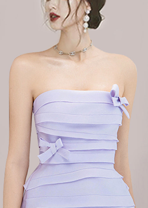 New Purple Strapless Bow Cotton Mid Dress Sleeveless
