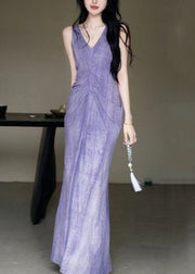 New Purple V Neck Solid Cotton Long Dresses Sleeveless