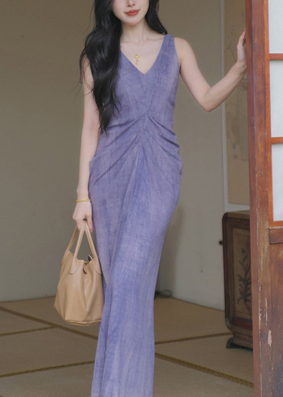 New Purple V Neck Solid Cotton Long Dresses Sleeveless