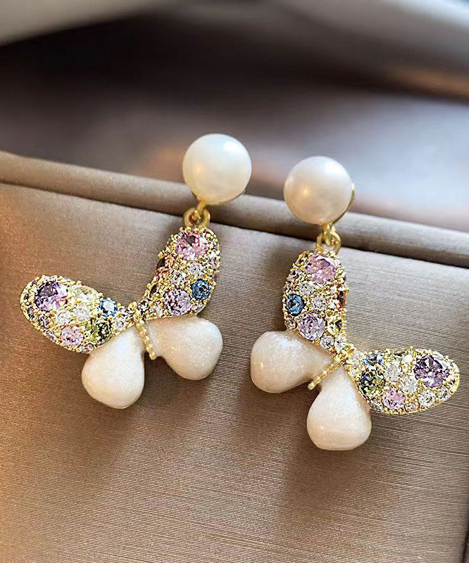 New Rainbow Alloy Zircon Pearl Butterfly Stud Earrings