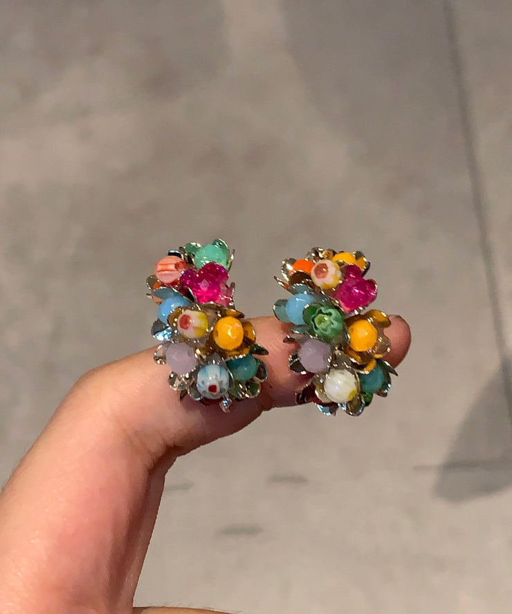 New Rainbow Sterling Silver Crystal Floral Stud Earrings