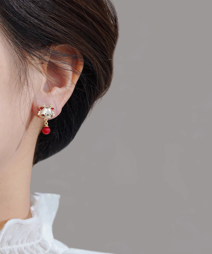 New Red Alloy The Year Of the Loong Pearl Drop Earrings