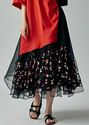 New Red Asymmetrical Print Chiffon Patchwork Long Dresses Half Sleeve