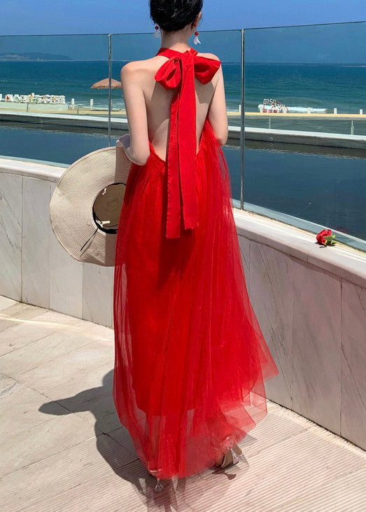 New Red Backless Lace Up Tulle Long Dresses Sleeveless