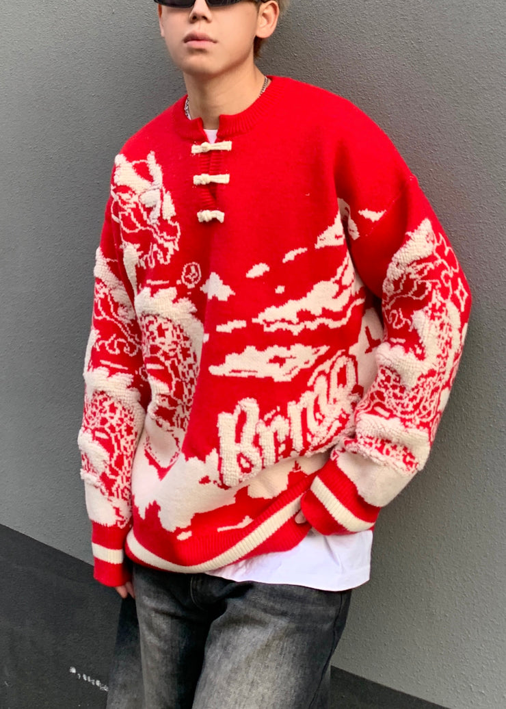 New Red Button Patchwork Knit Mens Sweaters Winter