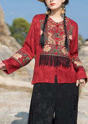 New Red Embroidered Tasseled Silk Coat Long Sleeve