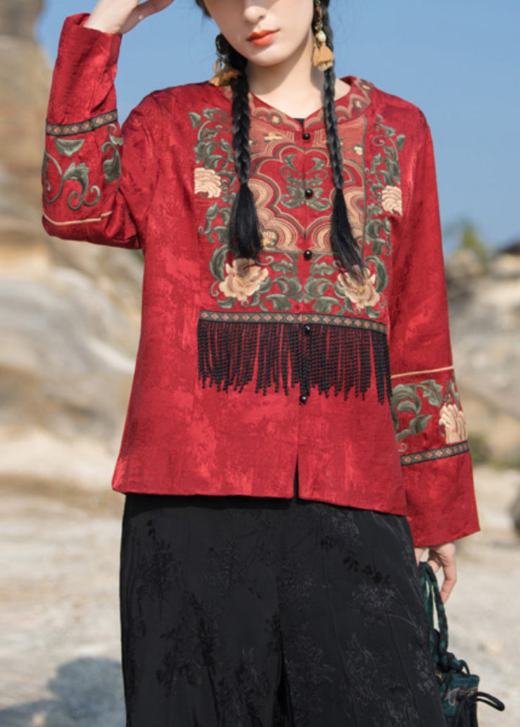 New Red Embroidered Tasseled Silk Coat Long Sleeve