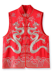 New Red Embroidered Button Patchwork Silk Beach Waistcoat Sleeveless